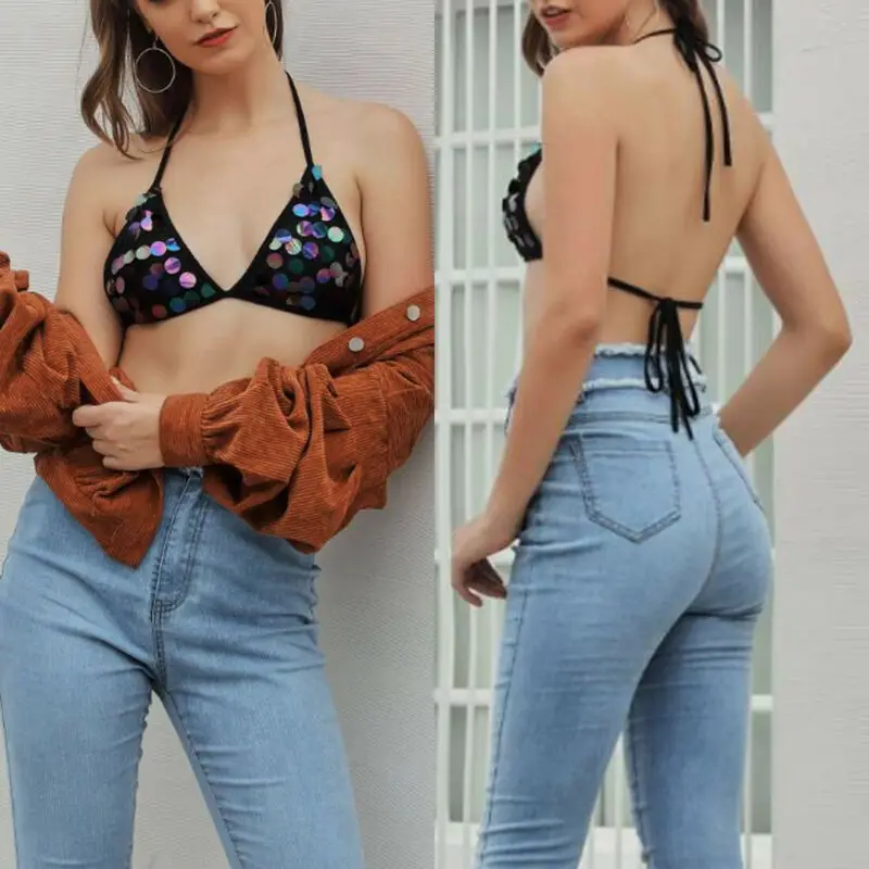 Женский сексуальный беспроводной бюстгальтер без косточек с блестками летний пуш-ап бандажный укороченный топ купальники