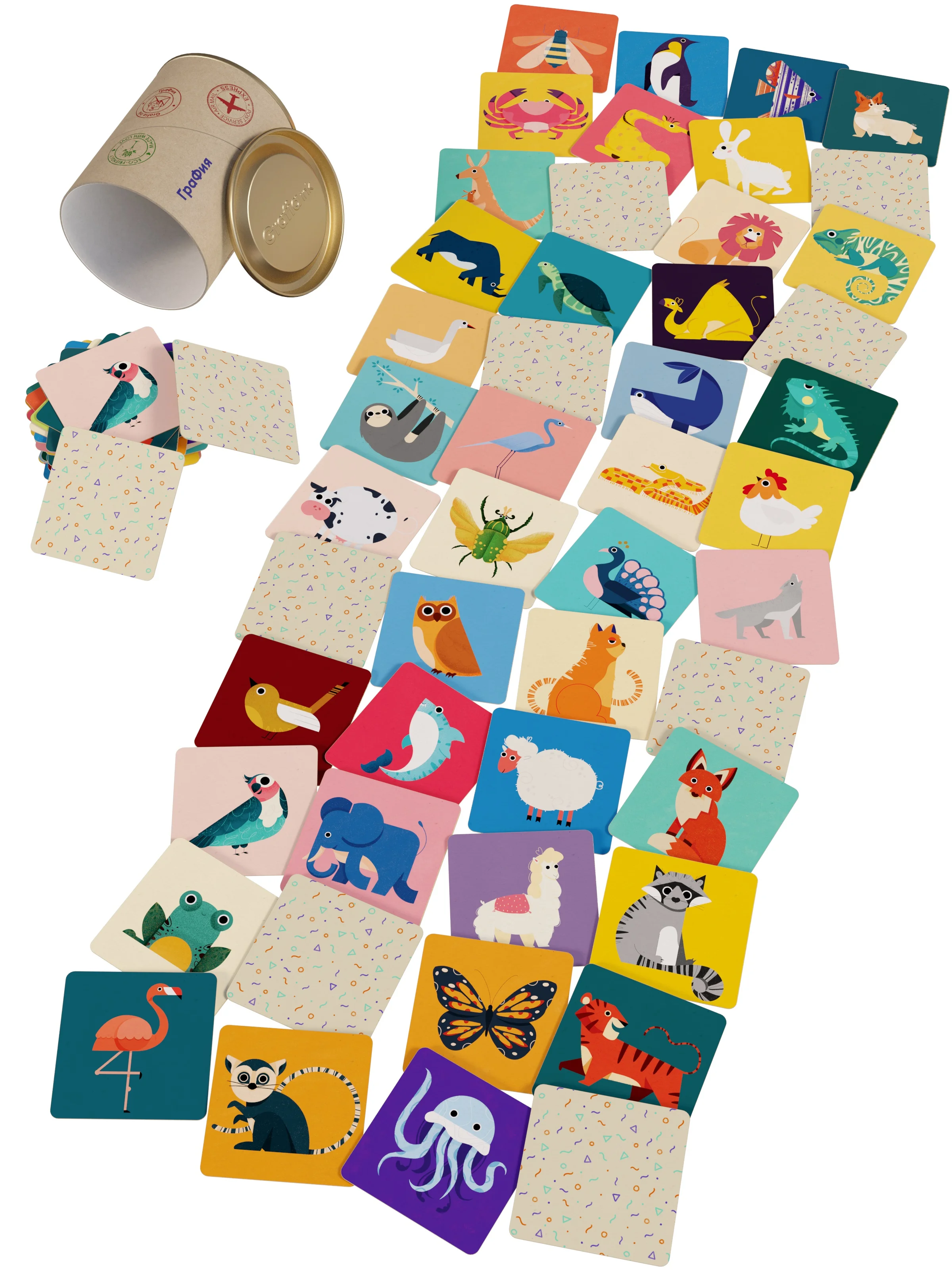 Memory Matching 48 Pairs flashcards Smart Board Game for Kids Age 4+ Grafia.ink Find Cute Zoo Cartoon Animals playing couple-cards in cardboard