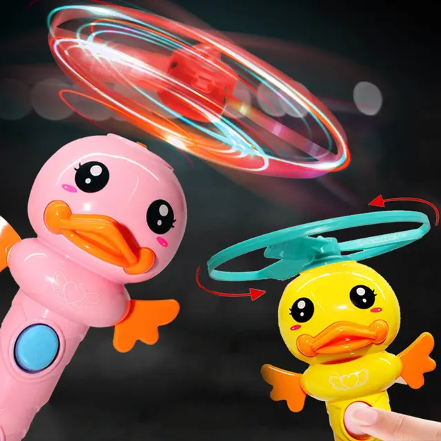 Kids Baby Fun Glowing Toy Colorful Flashing Ejection Flying Disc with Cute Duck Shape Switch Stick Children Outdoor Luminous Toy 1
