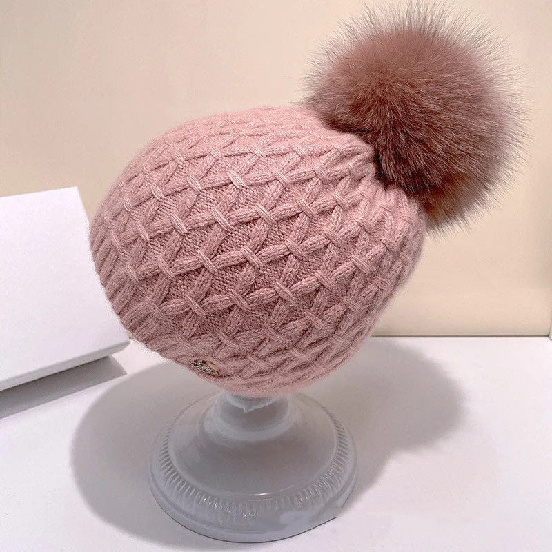 

Winter Real Fox Fur Pompom Hats Women Girl Solid Knitted Beanies Caps Thick Winter Warm Hat Skullies