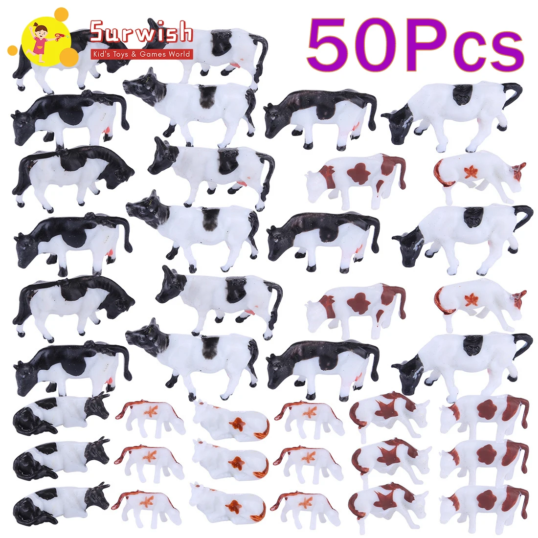 

50 Pcs/Lot 1:87 Dairy Cattle Animal Model Small Colored Cow Model Toy For Sand Table Model Building Model