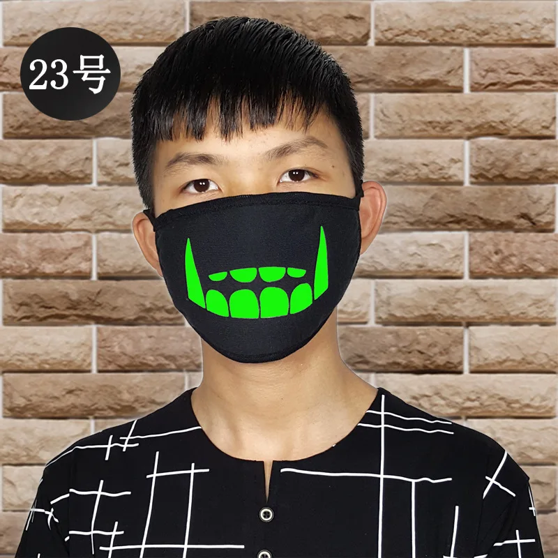 

Black Luminous Face Mouth Mask Noctilucent Kawaii Anime Tooth Anti-dust Pollution Masks Cotton Fabric Anti-dust Pollution Masks