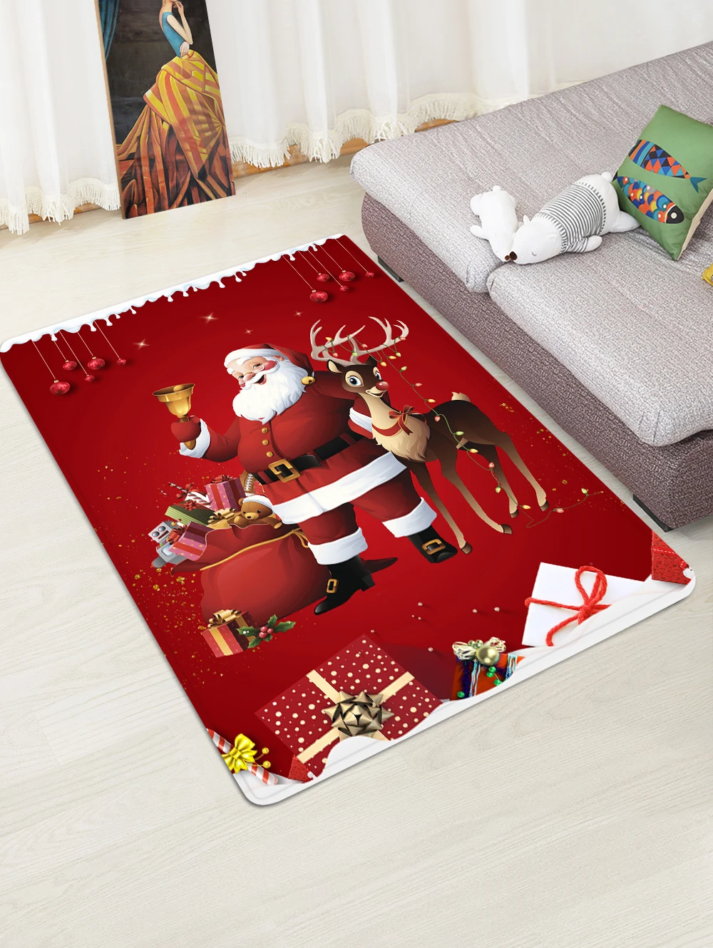 Christmas Santa Claus Deer Pattern Print Flannel Floor Mat