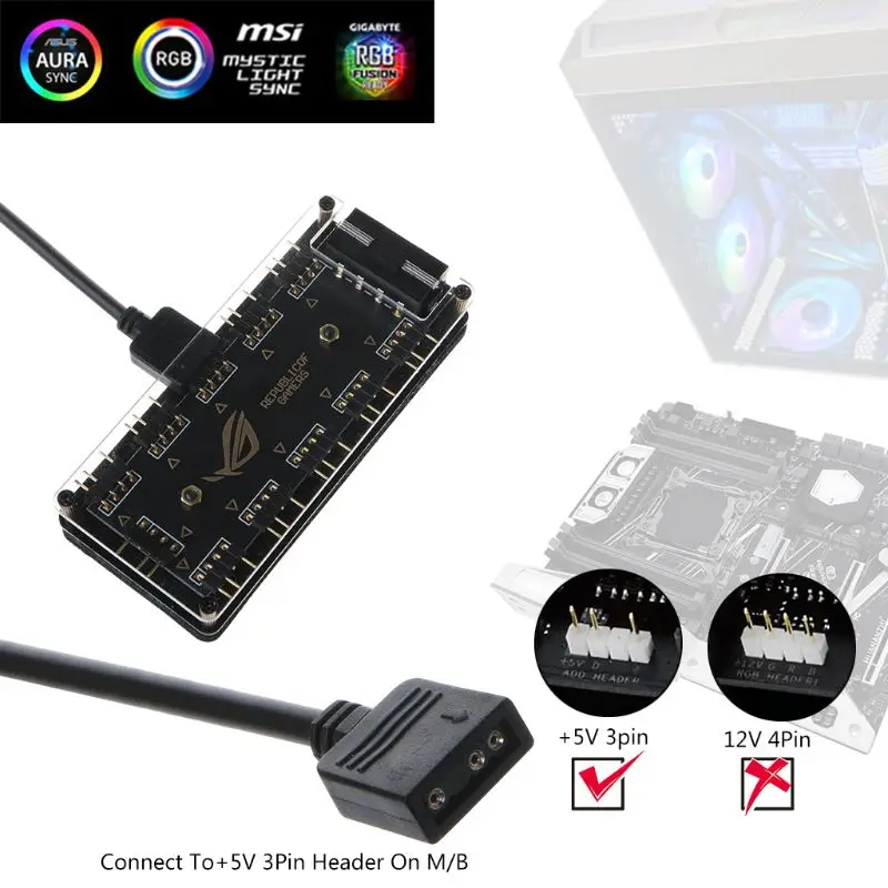 

AURA SYNC 5V 3-pin RGB 10 Hub Splitter SATA Power Adapter for GIGABYTE MSI A SUS