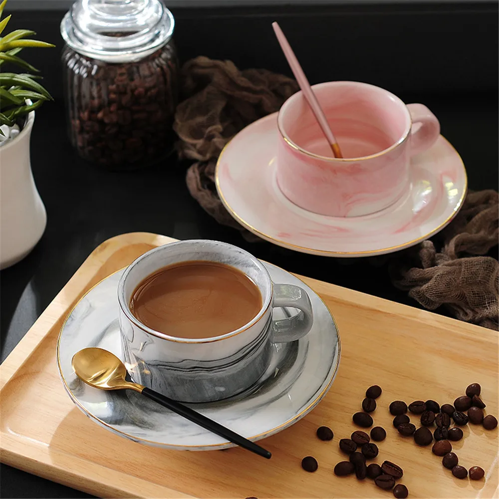 

Vintage Ceramic Coffee Mug Pink Marble Gold Plating Cup and Saucer Breakfast Milk Tea Porcelain Cup Couple Gift Home Drinkware