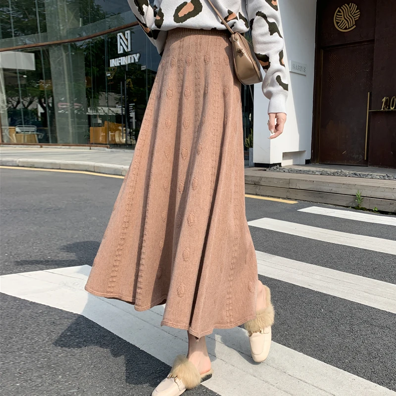 

Korean Fashion Office Lady Knitting Sweater Skirts Women Autumn A-Line Skirt Woman High Waist Basic Knit Mid-Calf Skirts Female