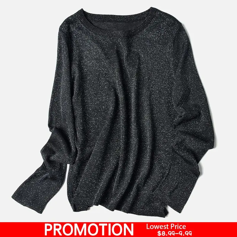 Autumn Knitted Shinny Women's Short Pullover Tops Long Sleeve Sweater O-Neck Lurex Knit Jumper Women Winter Sweaters Female