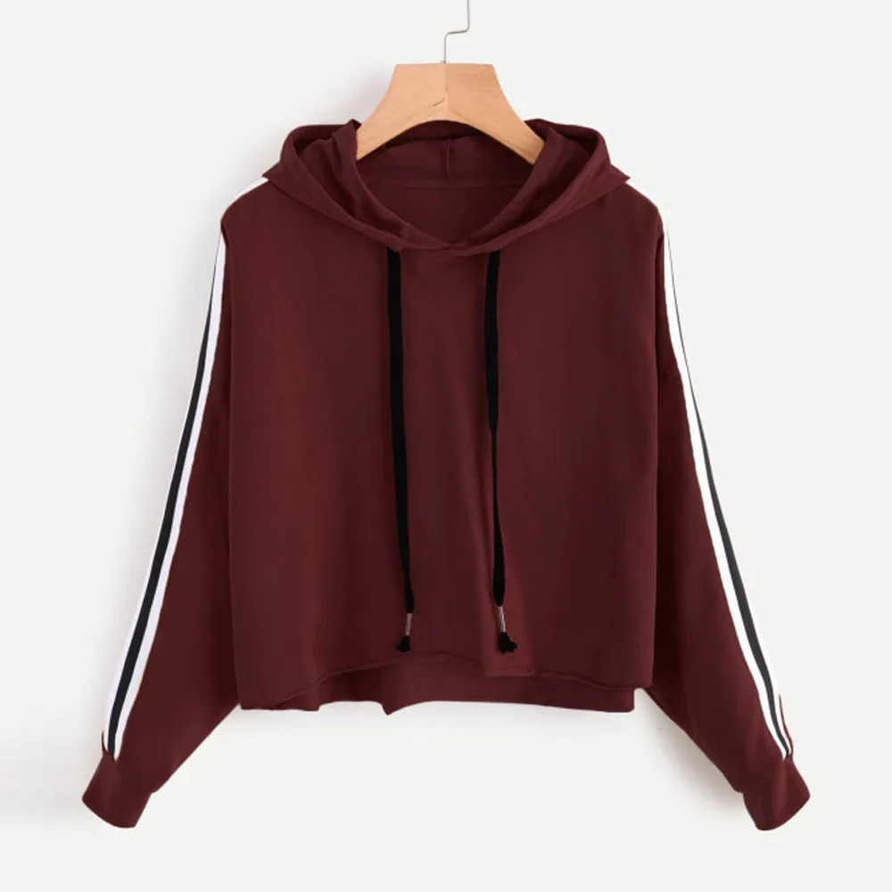 JAYCOSIN Fashion Women Striped Long Sleeve Loose Sweatshirt Casual Solid Simple Chic Solid Color Hooded Pullover Top 