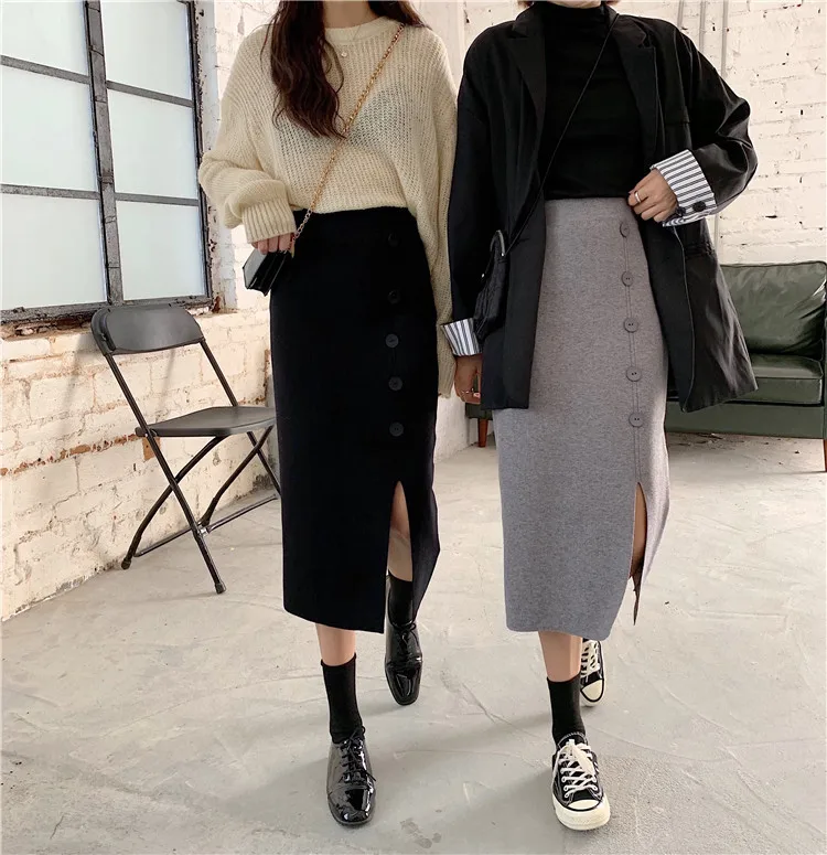 

Photo Shoot 2019 Korean-style Slim Fit Slimming High-waisted Single Breasted Slit Knitted Skirt One-step Skirt