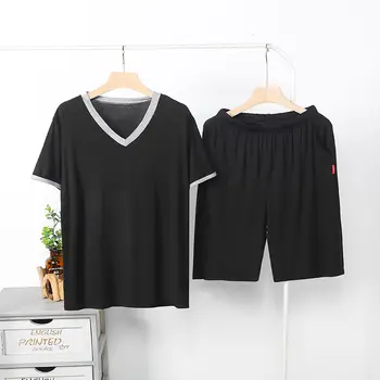 

Modal Pajamas Set Man Short Sleeve Shirt Shorts 2Piece/Set Cool Summer Casual Black Men Elastic Big 4XL Size 2020 Homewear