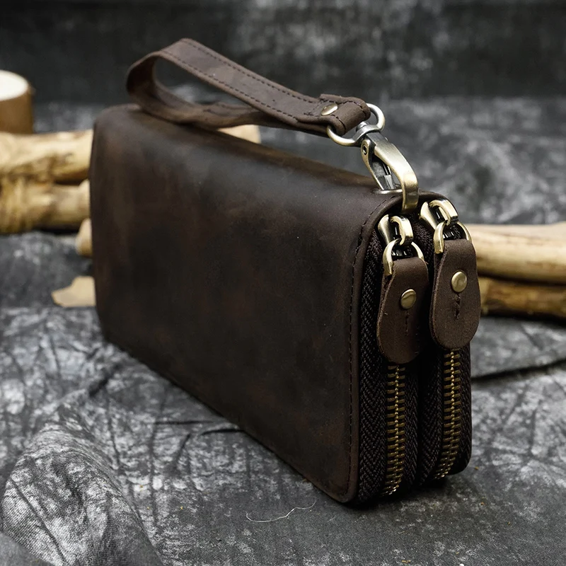 Vente MAHEU Crazy Horse sac à main en cuir pour hommes pochette sac à main Double fermeture éclair 24 porte cartes Vintage Billetera en cuir véritable Long portefeuille