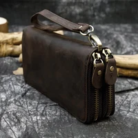 Retro Crazy Horse Leather Purse for Men Clutch Purse Double Zipper 24 Cards Clutches Vintage Woman Genuine Leather Long Wallet 1