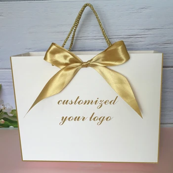 

100pcs pink/white Customized logo gift bag Box For Wedding gift pack Clothes wig Packaging Gold Handle with Ribbon