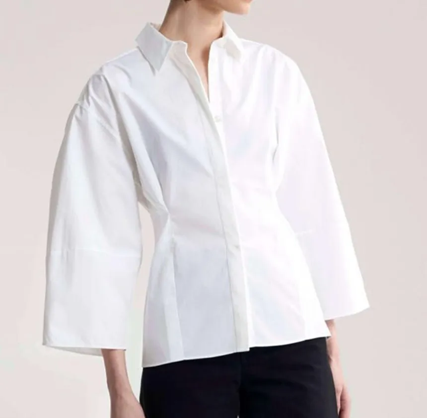 

Women Shirt 2019 Early Autumn Oblique Arc Trumpet Sleeve Casual Arc Sleeve Waist Blouse Female Two Color