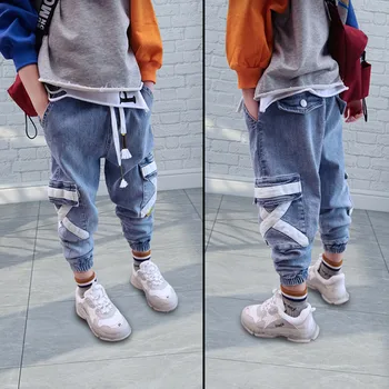 

Hip Hop Boys Side Pockets Jeans Cargo Harem Pants Kids Jeans 2019 Casual Blue Denim Elastic Waist Jeans Loose Pants Boy Trousers