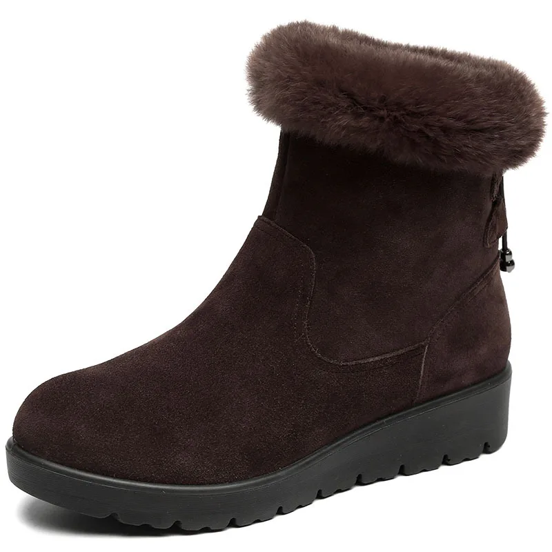 New Winter Rabbit Fur Top Matte Cowhide Leather Boots Women Snow Boots Fashion Casual Flat Boots Winter Shoes Women Boots