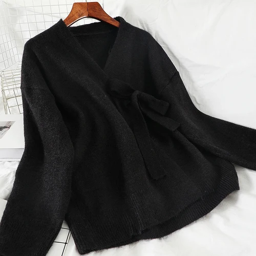Neploe, зима, осень, свитер, пальто, новинка, женский корейский Ретро стиль, v-образный вырез, с завязками на талии, вязанный кардиган, вязаная куртка 56432 - Цвет: black