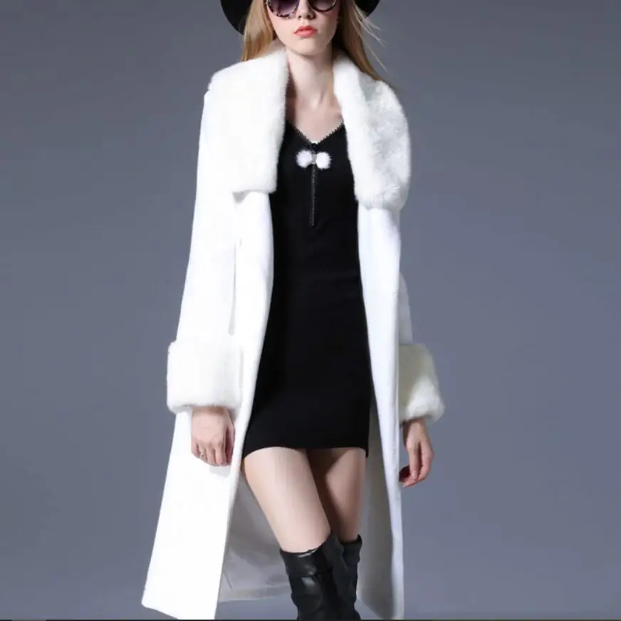 Шерстяное пальто женское с воротником из кроличьего меха осень и зима белое тонкое длинное шерстяное пальто