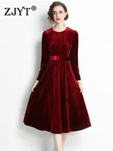 

Elegant Designer Vintage Mid Calf Celebrity Party Burgundy Velvet Dress for Women 2022 Spring Vestidos Long Sleeve Belted Robes