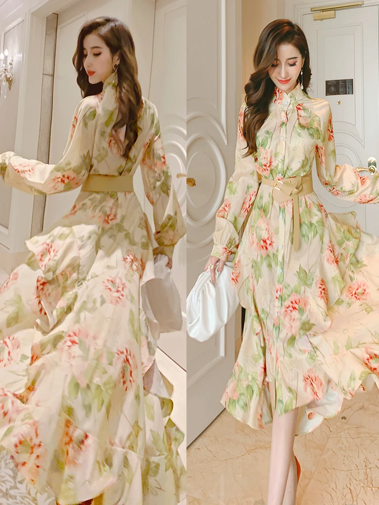 Palace style printed dress autumn 2020 new style female western style ruffled irregular Office Lady  Polyester