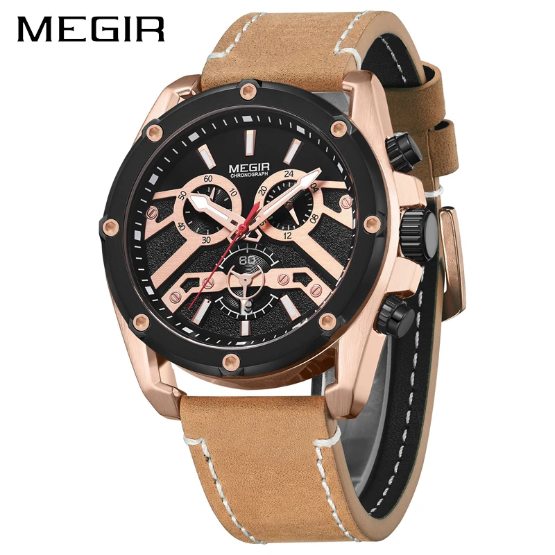 MEGIR Мужские кварцевые часы Relogio Masculino, военные спортивные наручные часы с кожаным ремешком, мужские часы с хронографом и календарем - Цвет: Brown Rose gold