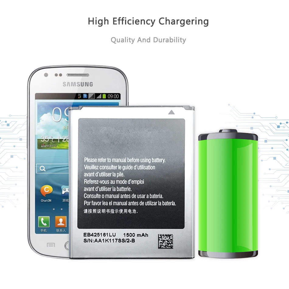 EB425161LU 1500mAh Battery For Samsung Galaxy S Duos S7562 S7566 S7568 I8160 S7582 S7560 S7580 I8190 I739 I669 J1 Mini