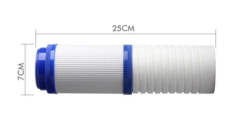 Pack de deux cartouches filtrantes double effet sédiments et charbon actif 10 pouces, emballage blister avec étiquette détaillée.