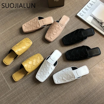 

SUOJIALUN Women Mules Slipper Fashion High Quality Woven Leather Sandal Square Toe Flat Heel Casual Slides Slipper Shoes