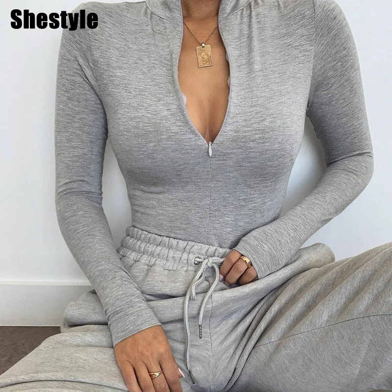 Shestyle Solid Zipper Bodycon Bodysuits Women Sexy Mock Neck Autumn Long Sleeve Fashion Slim Basic Body Winter Gray Outfits Lady