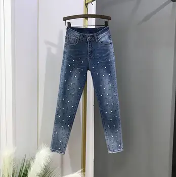 

2020 spring new beaded high waist jeans female slim skinny denim pants stretch nine points pencil pants r832