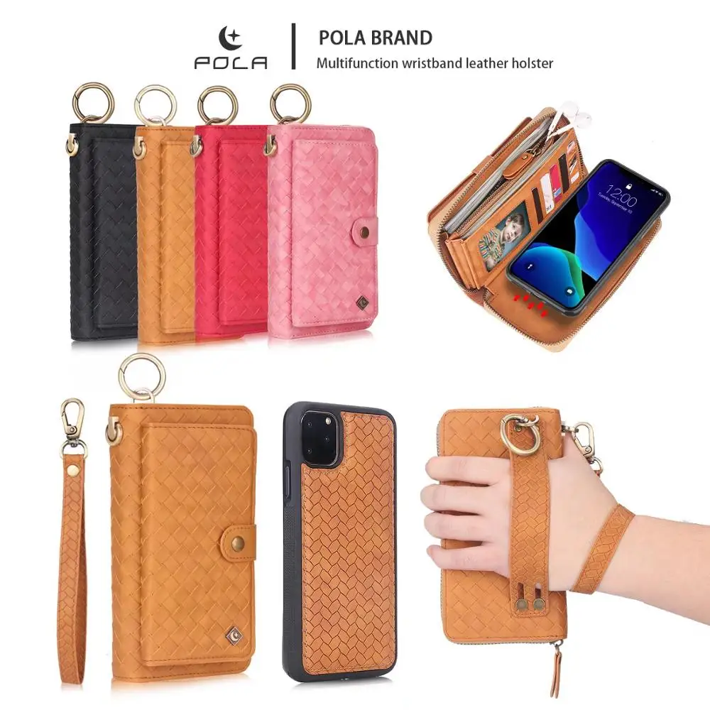 

POLA Fashion Woven Pattern Wristband Leather Holster Wallet Case For iPhone 11 Pro Max Card Pocket Magnetic Detachable Car Ring