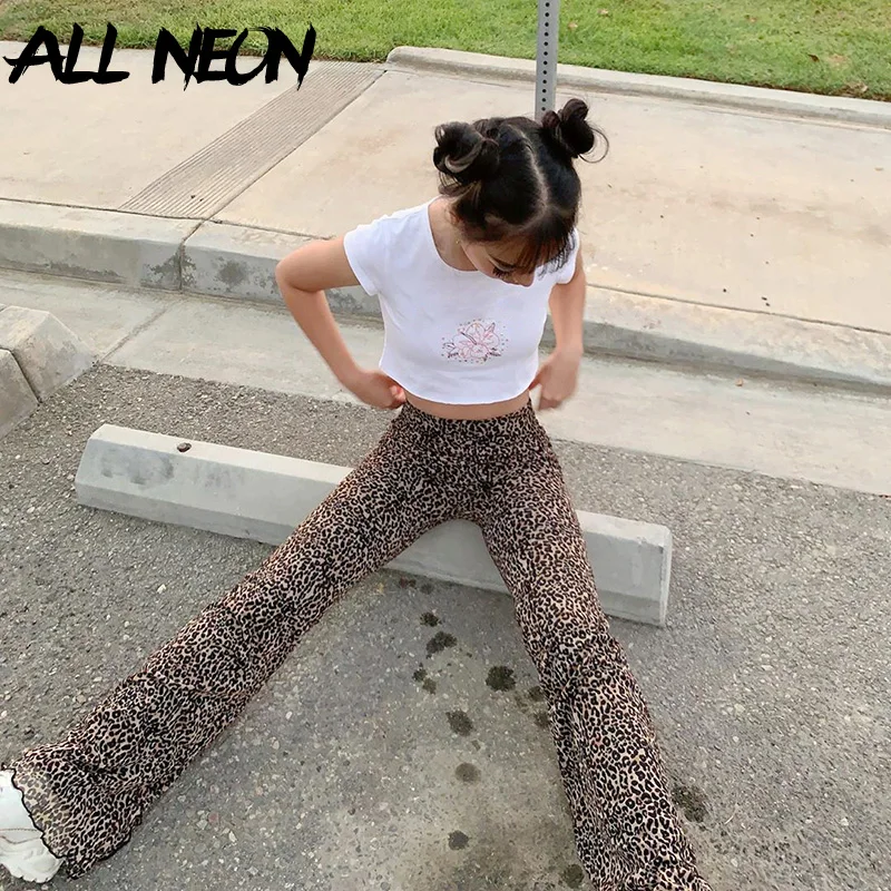 

ALLNeon Y2K Fashion Leopard Pattern Flare Pants E-girl Vintage Slim Animal Print High Waist Long Pants Wild Autumn 90s Outfits