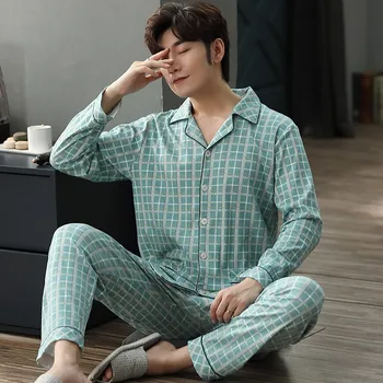 

Suit 2PCS Nightwear Casual Loose Shirt&Pant Plus Size Homewear Plaid Sleepwear Cotton Men Pajamas Set Autumn Long Sleeve Pijamas