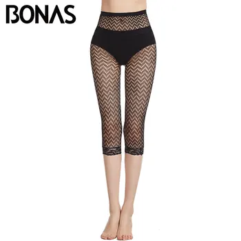 

BONAS Footless Tights Women High Elasticity Nylon Black Stripe Lace Sexy Fishnet Tights Summer Breathable Sunscreen Lady Tights