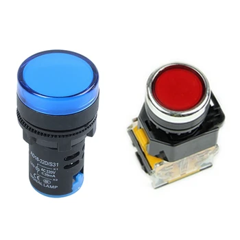 

1pcs AC 220V LED Pilot Indicator Light Black Blue & 1pcs LA38-11/203 Push Button Momentary Power Press Switch Red
