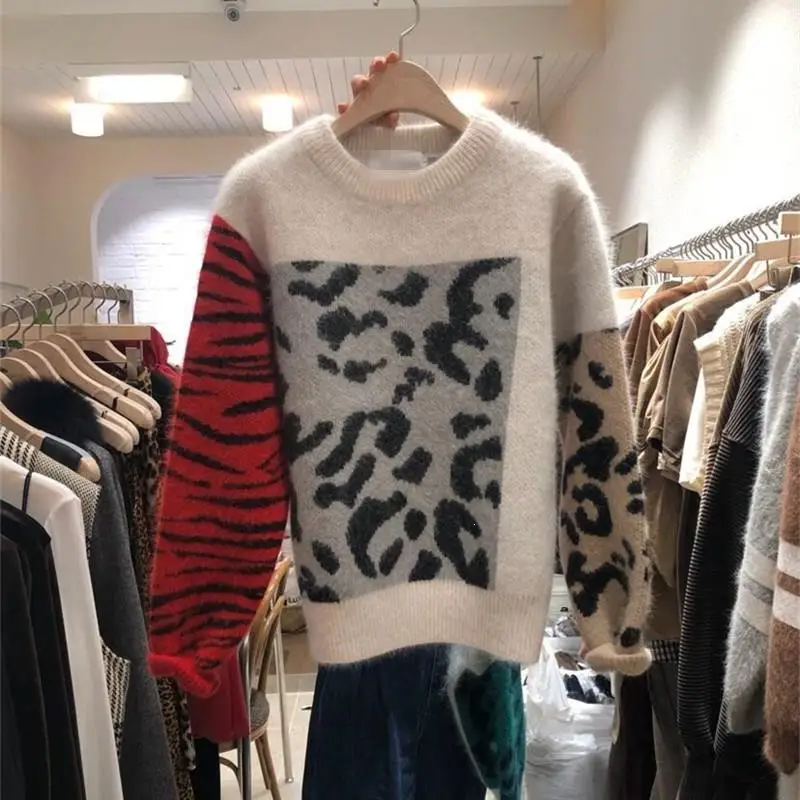 

Sueter Mujer Patchwork Mohair Sweaters Women Knitted Pullovers O-Neck Leopard Print Sweater