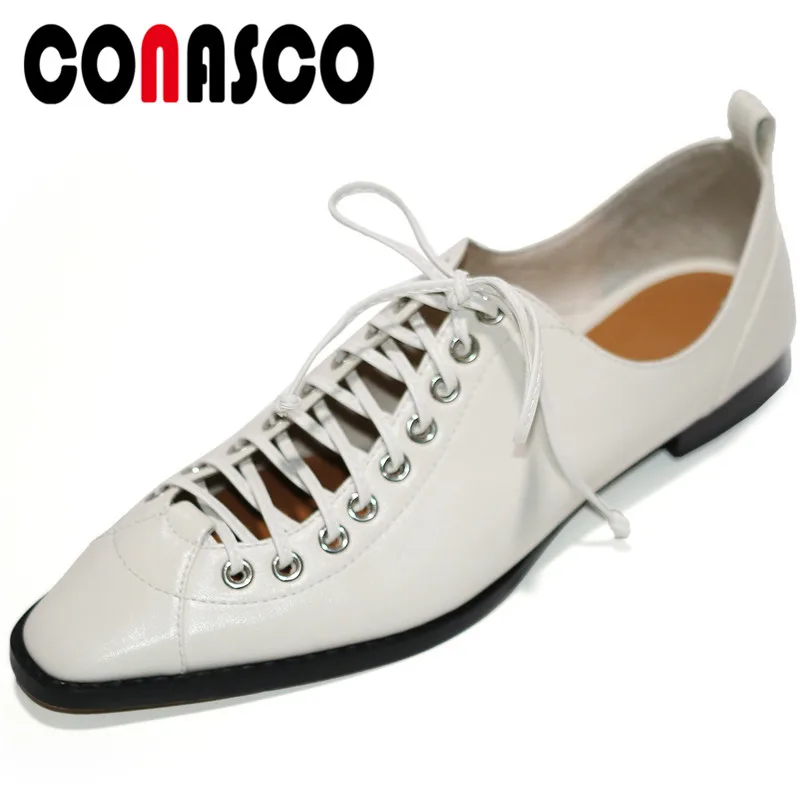 

CONASCO 2020 Fashion Classic Design Woman Pumps Cow Leather Spring Autumn Casual Shallow Cross-tied Square Toe Square Heeled