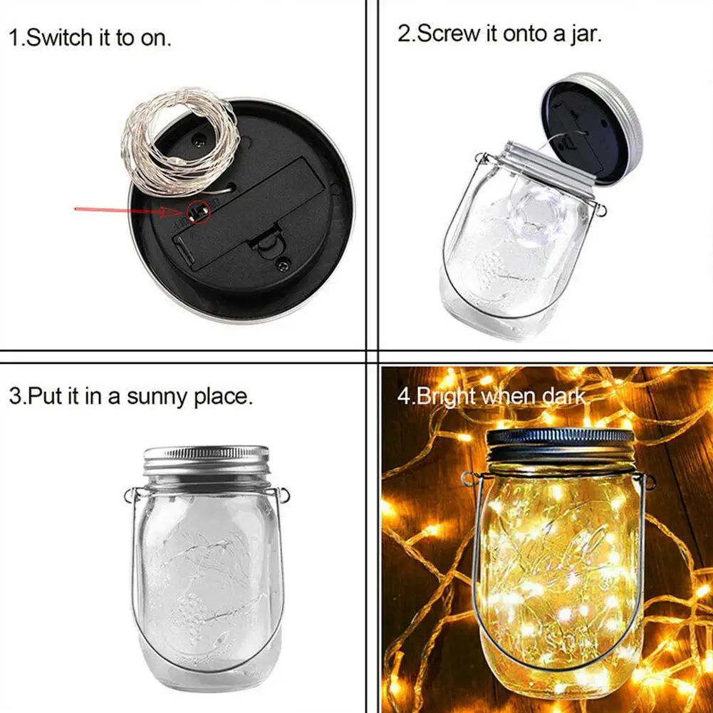 6 STÜCKE Solar Einmachglas Deckel Licht Mit 2m String Lichter Griff 20 LEDs Hängende Laterne Lampe Für Garten Dekoration bunte Licht_voghion.com