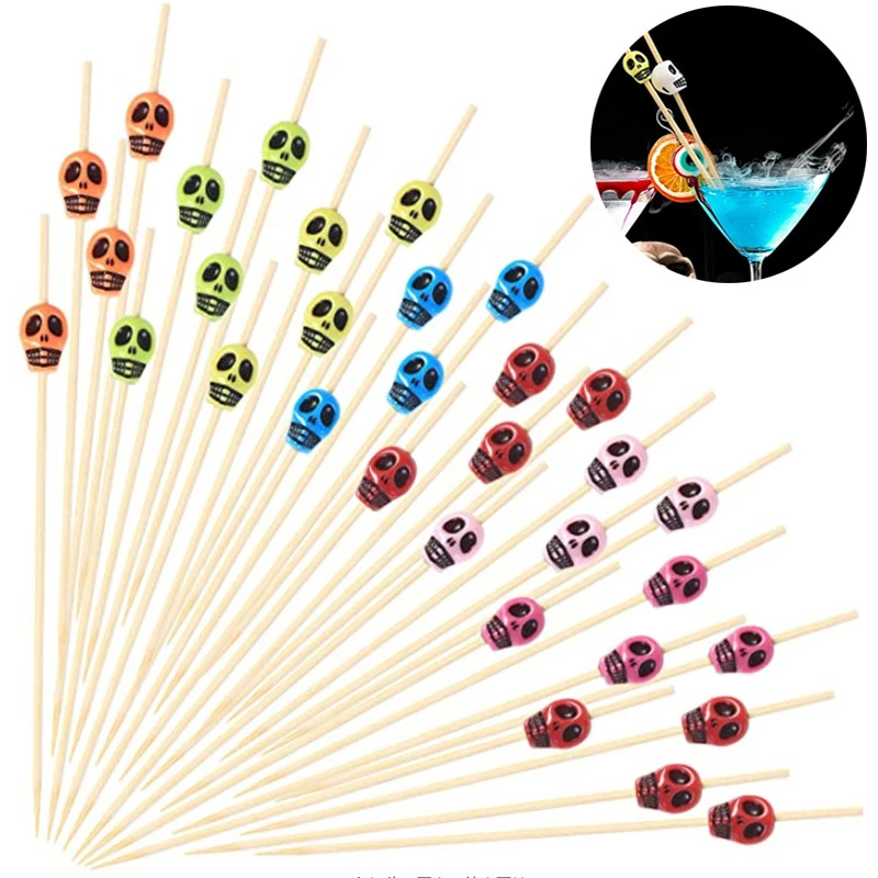 50PCS/Pack Disposable Skull Bamboo Stick Party Buffet Fruit Picks Sandwich Appetizer Desserts Food Cocktail | Дом и сад