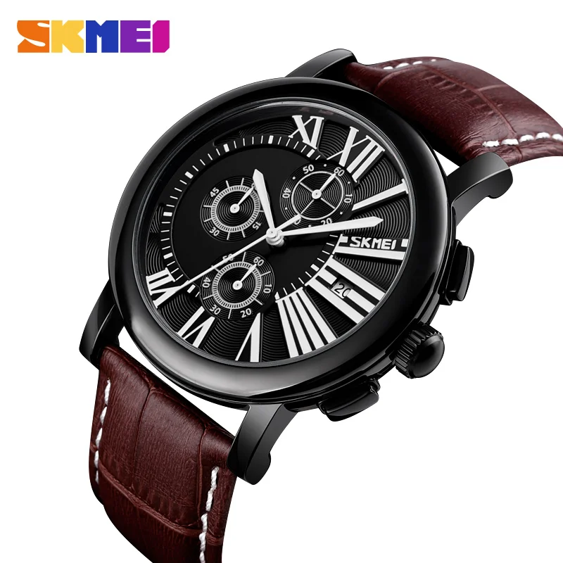 

SKMEI New Fashion Men Watch Analog Quartz Wristwatches 30M Waterproof Chronograph Sports Date Leather Band Watches montre homme