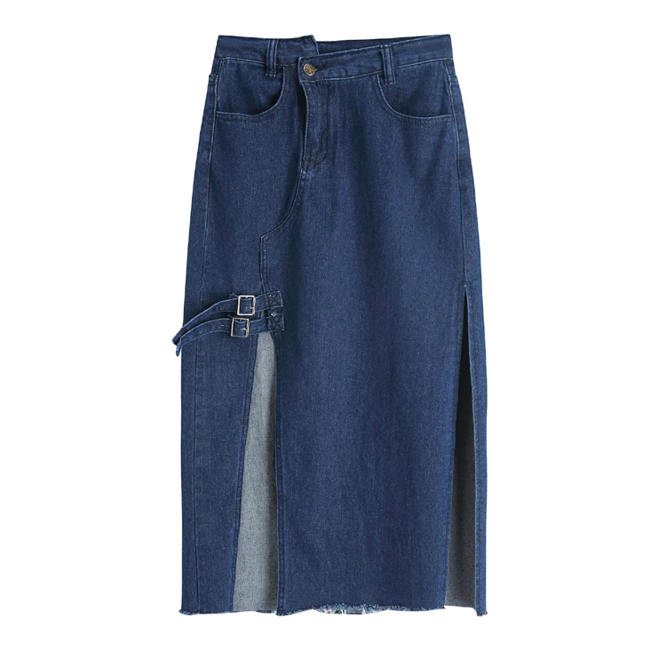 Женская джинсовая юбка-трапеция с разрезом сбоку универсальная юбка до середины