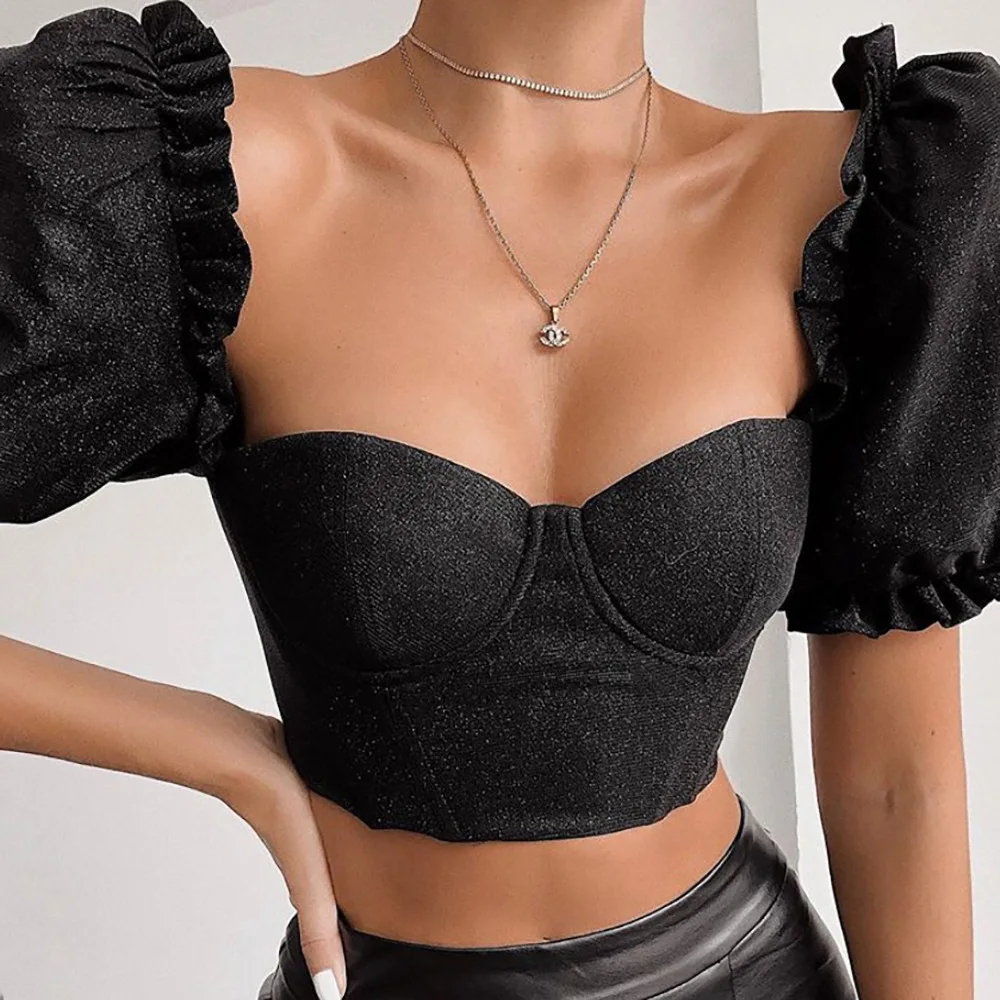 black Криптографический квадратный воротник черные женские топы и блузки рубашка с оборками коротко Обрезанные Топы с пышными рукавами тонкая уличная одежда - Цвет: black