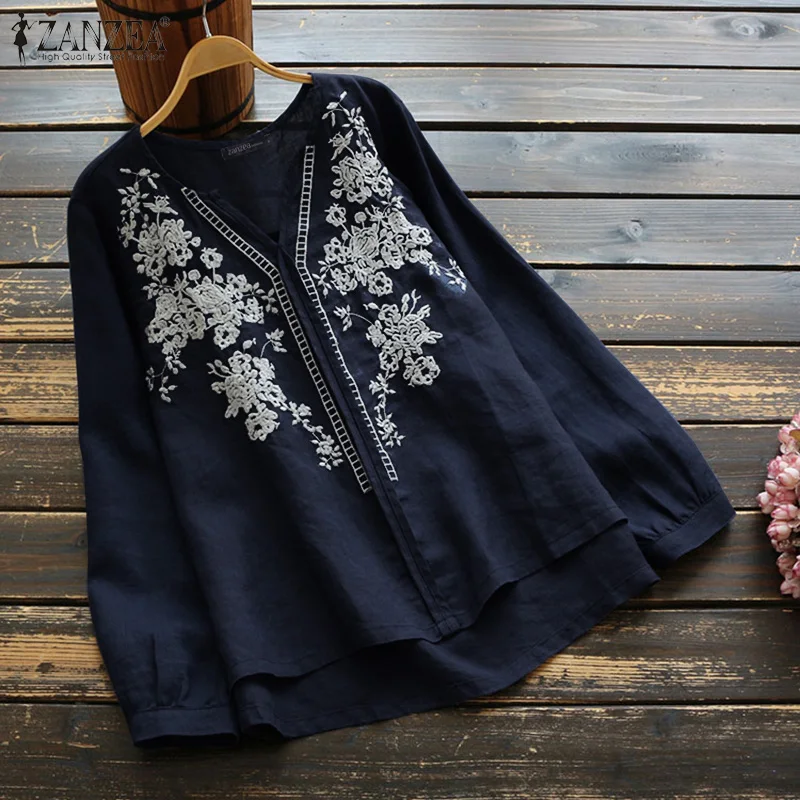 2022 Autumn Embroidery Long Shirt Dress ZANZEA Vintage Casual Cotton Linen Vestidos Women Long Sleeve Sundress Kaftan blazer dress