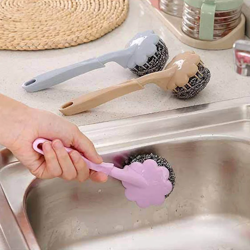 

1Pcs New Utility Stainless Steel Wire Ball Brush with Long Handle Cleaning Brush for Kitchen Hanging Strong Cleaning Tools
