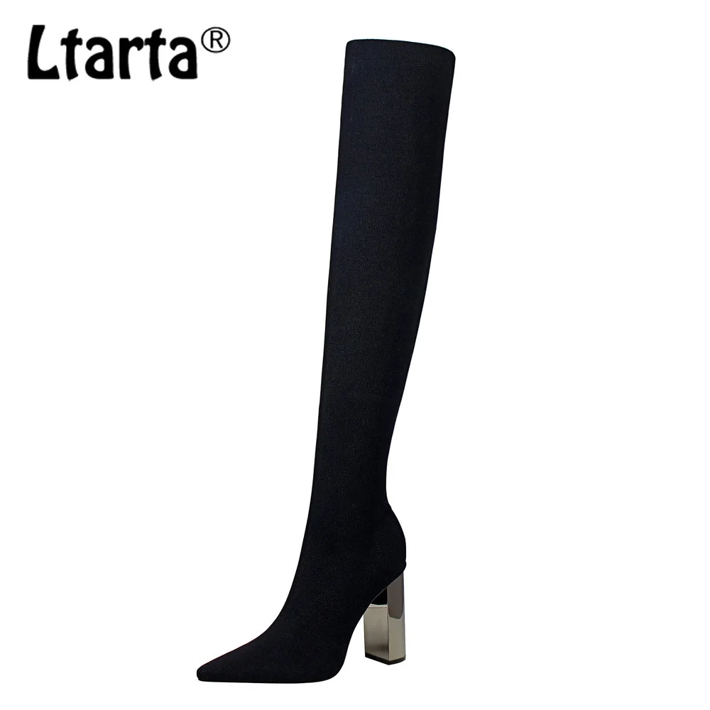 Heel Boots. Square Sexy Metal Woman Knee LTARTA DS Elasticity Wool Thin Pointy