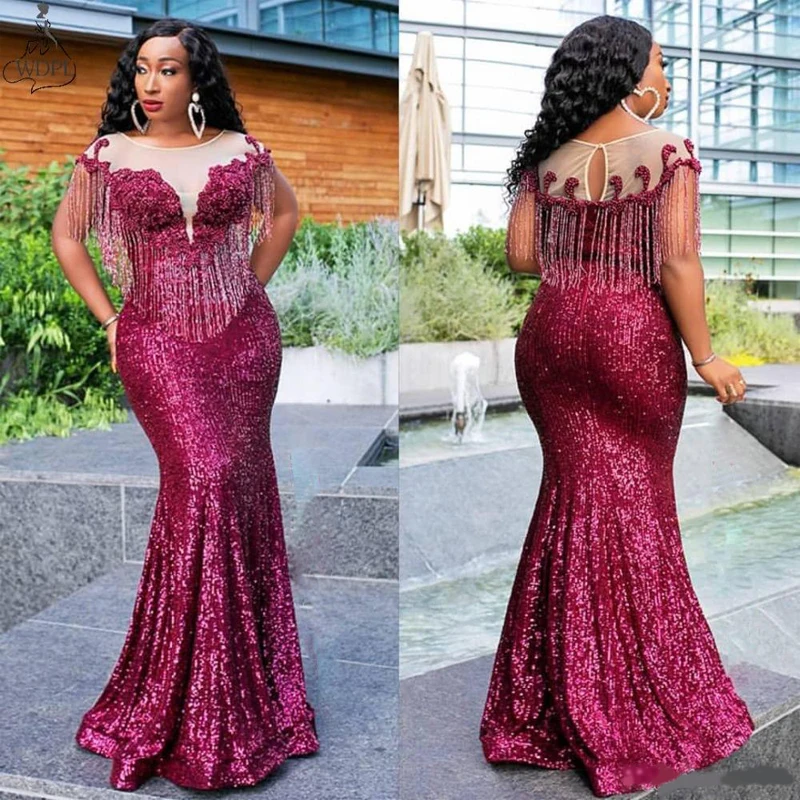 Aso Ebi, арабское бордовое вечернее платье с блестками, Прозрачное платье с вырезом, расшитое бисером, платье для выпускного вечера с кисточками размера плюс, robe de soire
