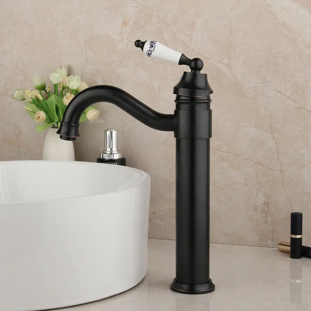 

Oil Rubbed Bronze Deck Mounted Bathroom Faucet Hot And Cold Water Taps Vessel Sink Basin Swivel Mixer Tap