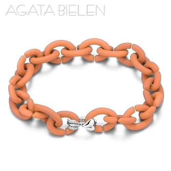 

Charm Silver Letter Love YOU Bead with Orange Hard Rubber Chain Link Bracelets For Women Fine Jewelry Bracelet