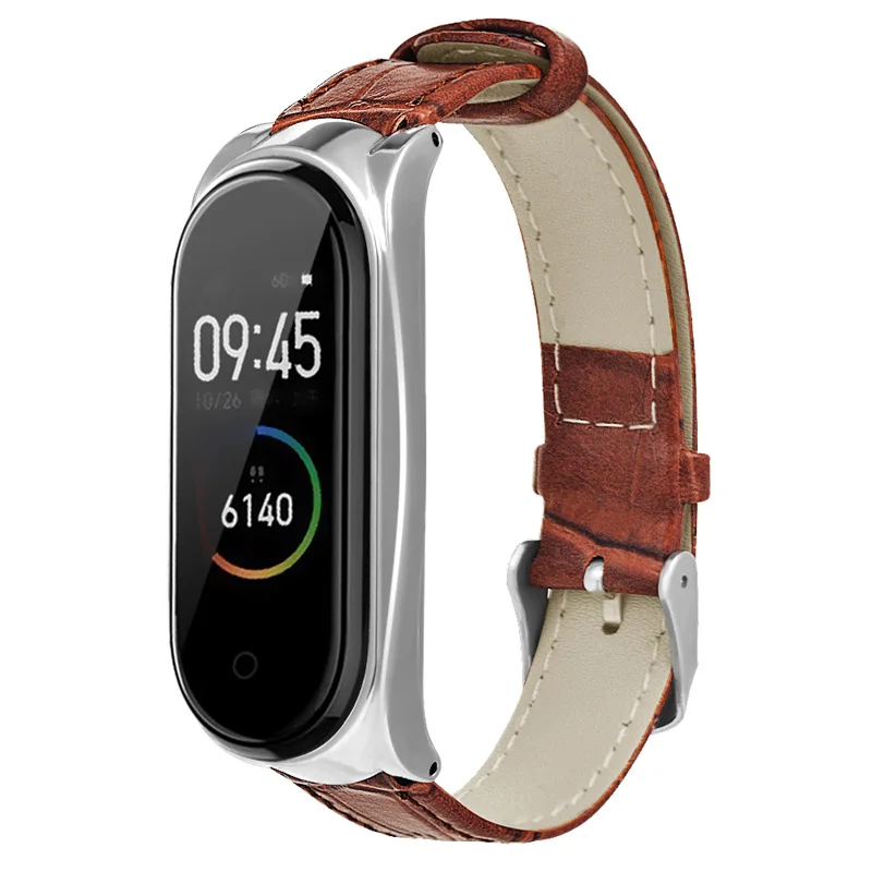 Кожаный ремешок браслет ремешок Ремешок с металлическим чехол для Xiaomi Mi Band 4 Hi Dropship - Цвет: Silver Case Brown