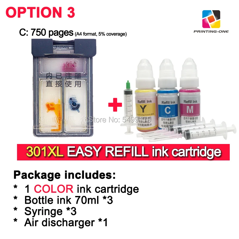Option 3 PRINTING-ONE 301XL чернильный картридж легко Заправляемый hp 301 совместимый для hp 2050 1000 1050 2510 3000 Envy 4500 4502 Европейский принтер - Цвет: Option 3